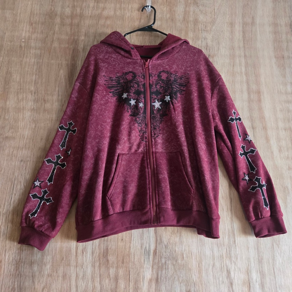Burgundy Mineral Wash Y2K Rhinestone Cross Wing Zip Up Hoodie Large Streetwear